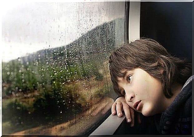 A tired child looking out the window.